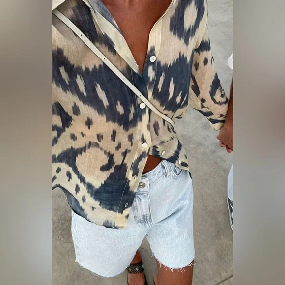 Zara Beige and Navy Patterned Button Down Shirt - Picture 3 of 5